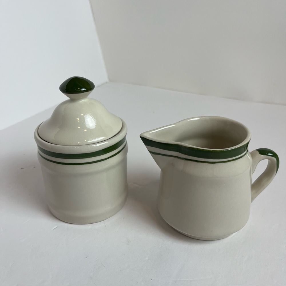 Gibson Housewares Cream & Sugar Set Ceramic Cream with Green Trim Cottagecore